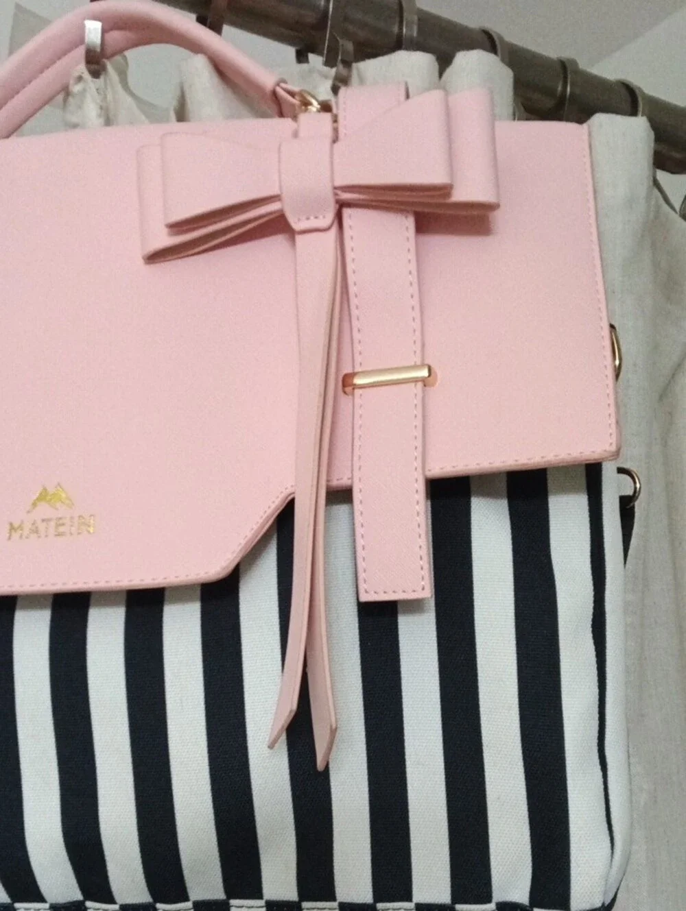 Pink Bow Satchel with Black & White Stripes